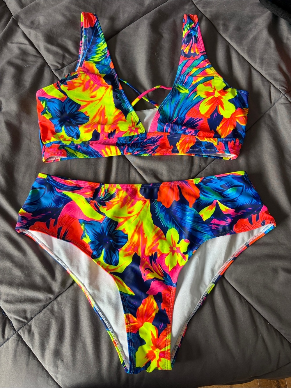 SHEIN Neon Floral High Waist Bikini Set - Blue, Yellow, Pink, Orange